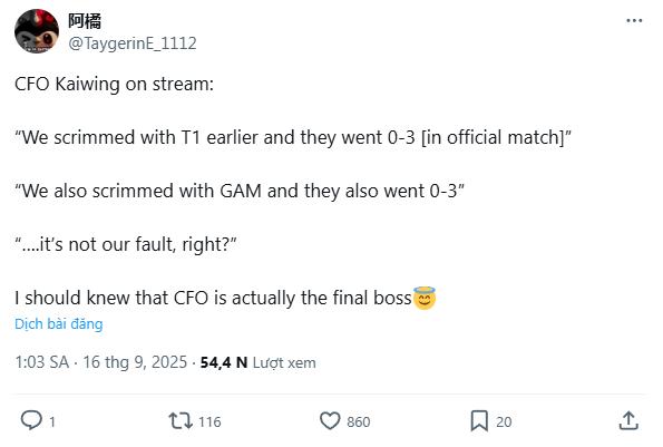 Kaiwing cho biết CFO đã scrim với cả T1 lẫn GAM