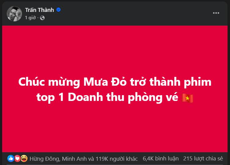 Trấn Thành lập tức có động thái khi Mưa Đỏ đạt top 1 doanh thu phòng vé- Ảnh 1.