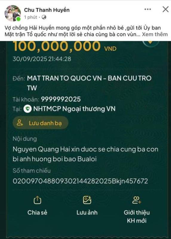Quang Hải và Chu Thanh Huyền ủng hộ đồng bào khắc phục thiệt hại do bão số 10 Bualoi- Ảnh 1.