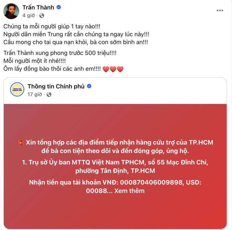 Trấn Thành - HIEUTHUHAI chuyển khoản nóng hàng trăm triệu, Hương Giang vừa về nước liền đến hỗ trợ vùng lũ- Ảnh 1.