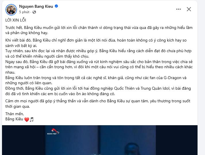 Bằng Kiều xin lỗi về phát ngôn hạ bệ G-DRAGON: 