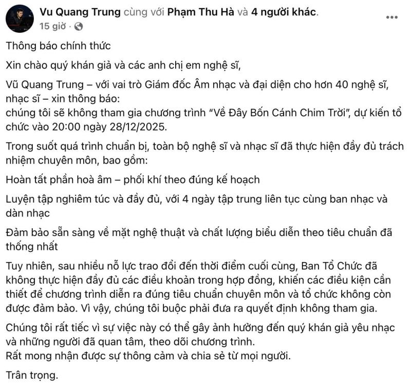 Vụ hủy show sát giờ tại Hà Nội: Nghệ sĩ bay từ Mỹ về không được trả tiền vé, nhạc sĩ Trần Tiến buồn khóc- Ảnh 4.