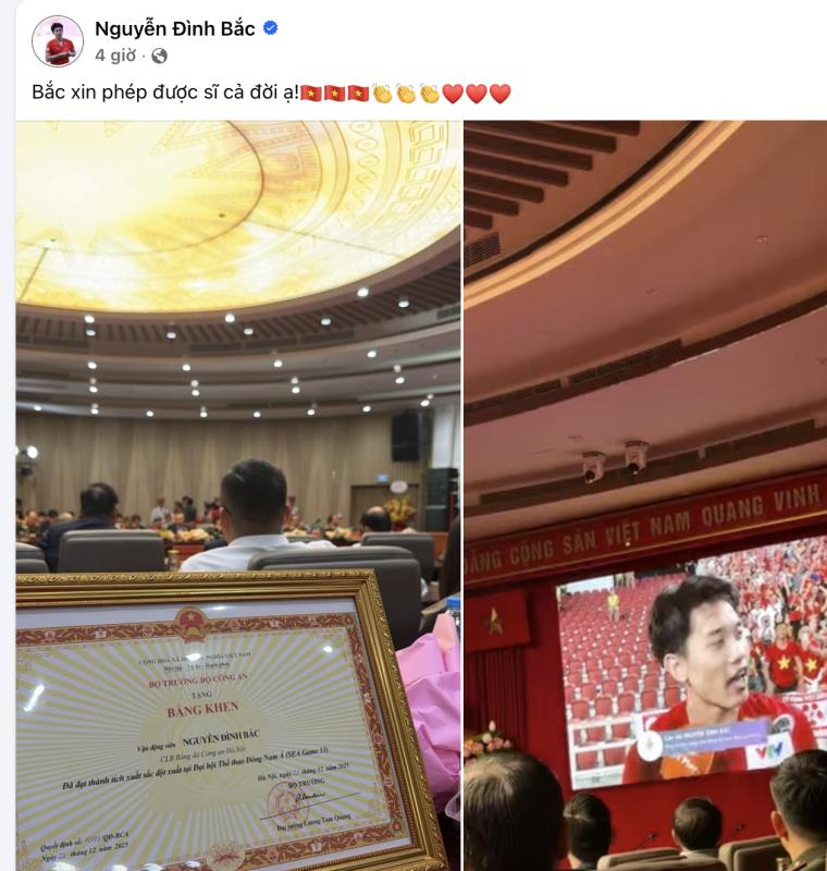 Dàn hotboy U22 Việt Nam nhận bằng khen của Bộ Công an sau thành tích HCV SEA Games 33, Đình Bắc khoe 
