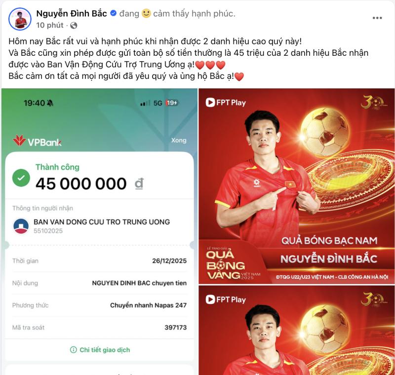 Hotboy Đình Bắc quyên góp toàn bộ tiền thưởng sau khi giành 