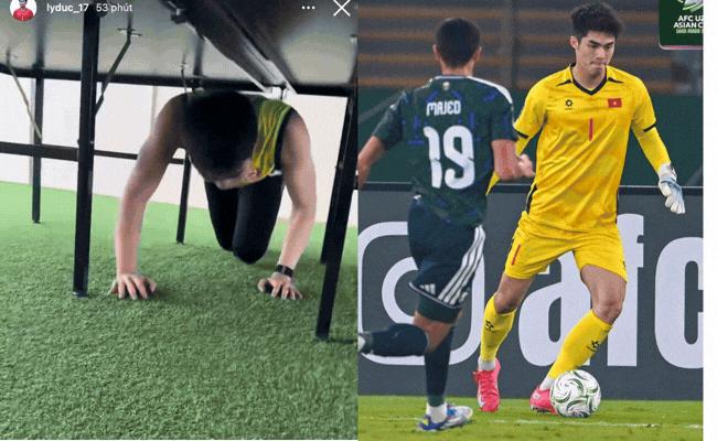 Sao thủ môn hotboy Trần Trung Kiên U23 Việt Nam phải chui gầm bàn thế này!- Ảnh 1.