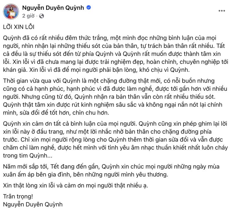 Nguyễn Duyên Quỳnh xin lỗi vì hát nhép- Ảnh 2.