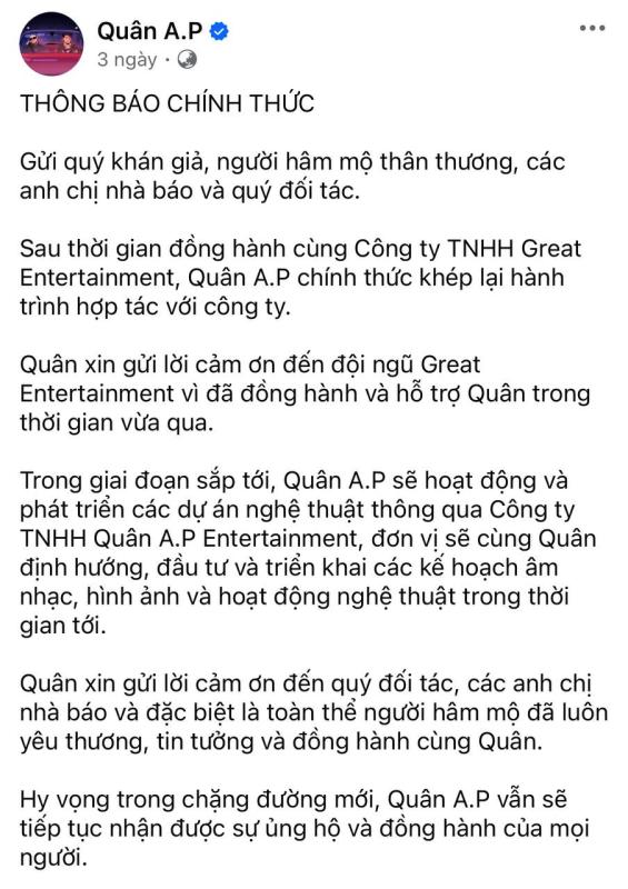 Tình hình hiện tại của Quân A.P- Ảnh 1.