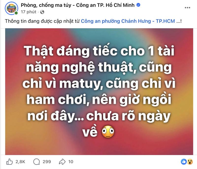 Fanpage Phòng, chống ma túy - Công an TP.HCM đăng tin: "Thật đáng tiếc cho một tài năng nghệ thuật"- Ảnh 1.