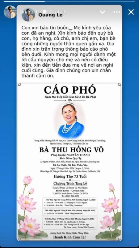 Thông tin cáo phó của mẹ ca sĩ Quang Lê- Ảnh 2.