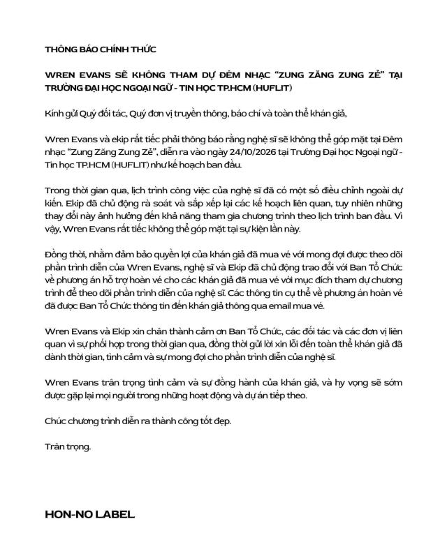 Wren Evans rút khỏi show diễn trường đại học- Ảnh 1.